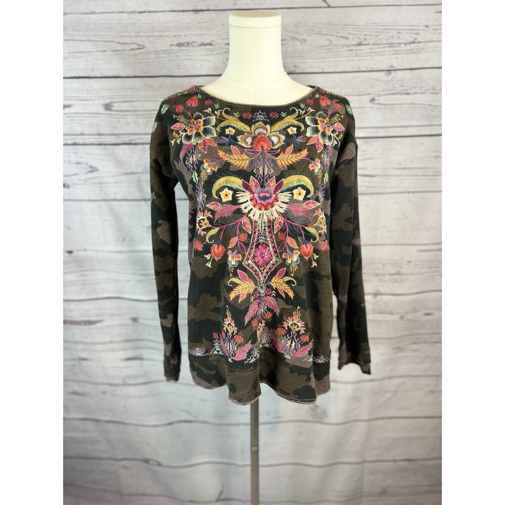 Johnny Was thermal camo floral embroidered top long sleeves size S Boho
